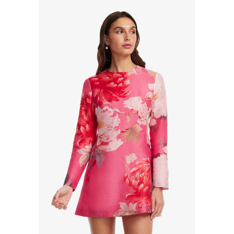 LEO LIN Aliza Long Sleeve Mini Dress - Peony Print In Fuchsia image number 3